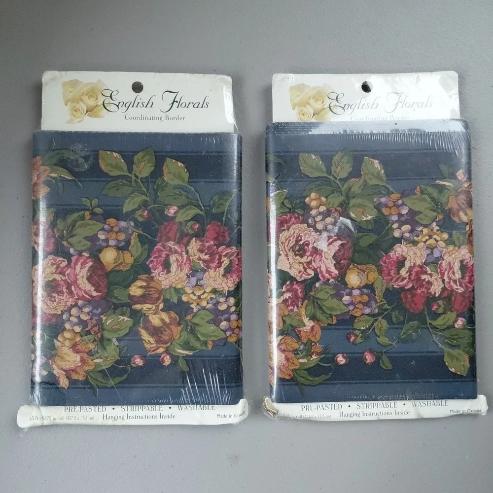 2 Wallpaper Border Blue Floral ENGLISH FLORALS Cabbage‎ Rose Country French VTG